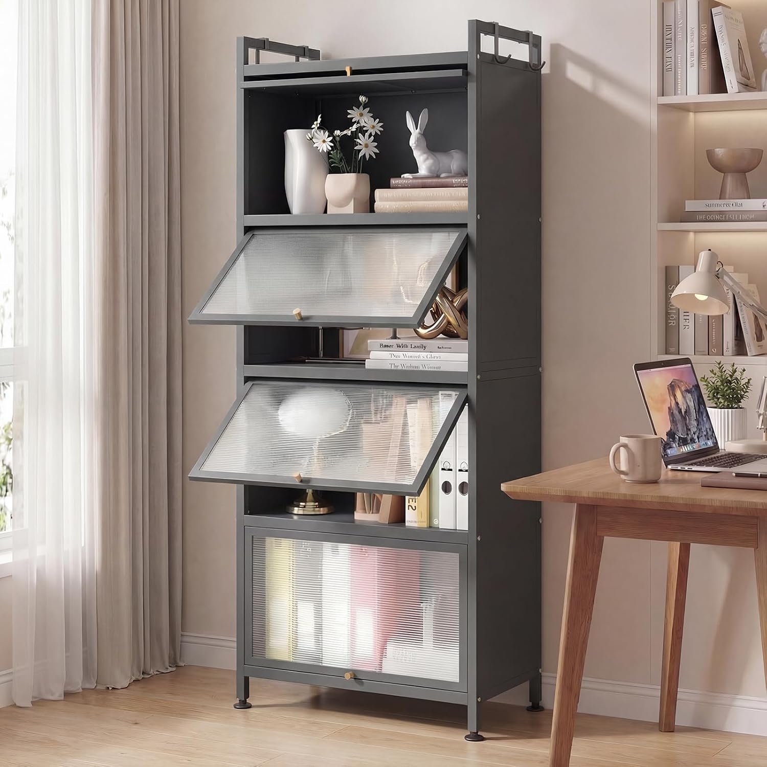 LDAILY 5-Tier Kitchen Storage Cabinet, Mobile Microwave Stand with Metal Frame, Double Anti-toppling Device, 4 Rolling Casters, Freestanding Bakers Rack for Kitchen, Dining Room, Living Room (Grey)