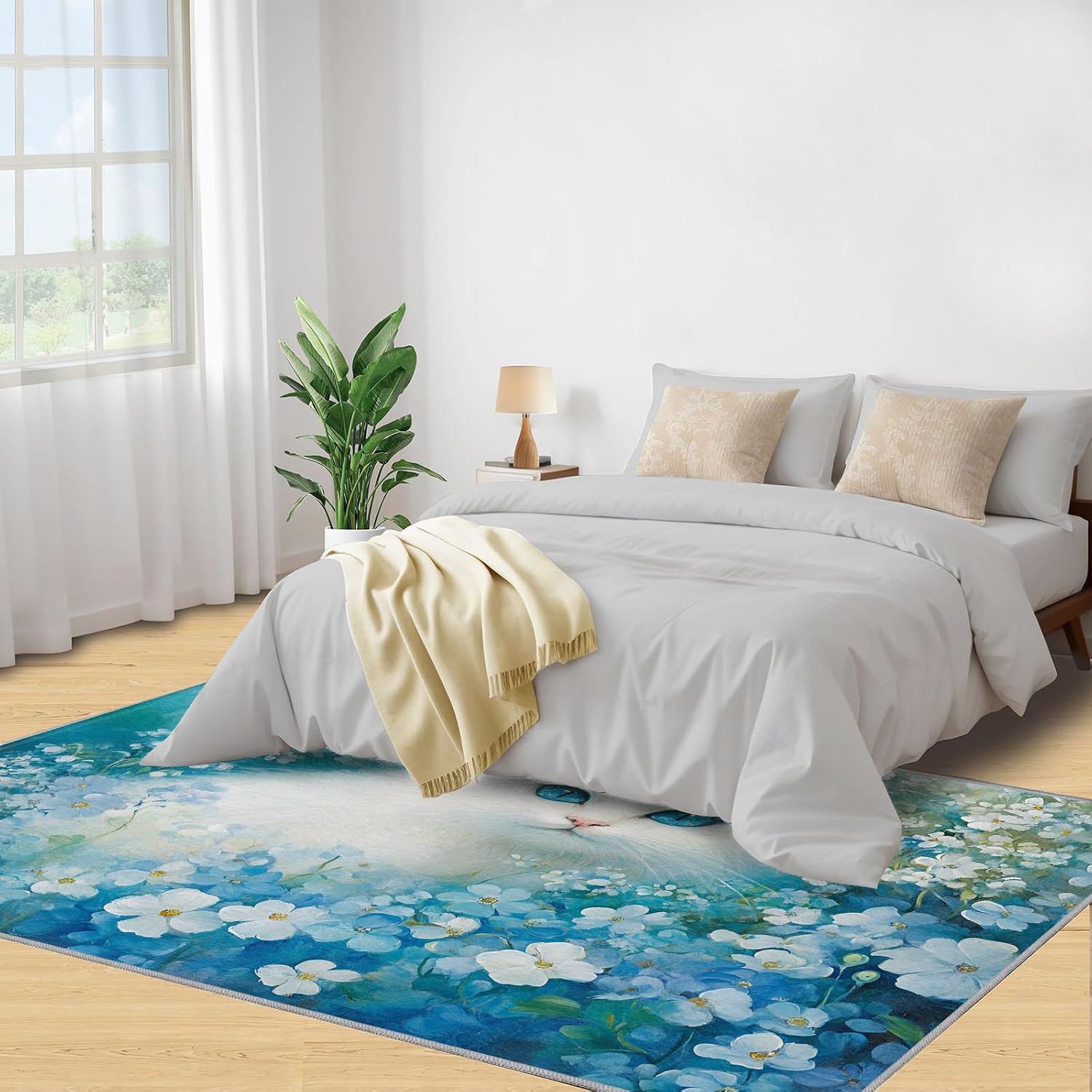 Cat Rugs for Bedroom, Florals Rug 6x8, Flowers Dining Room Rugs Washable & Non Slip Large Carpet for Home Decor