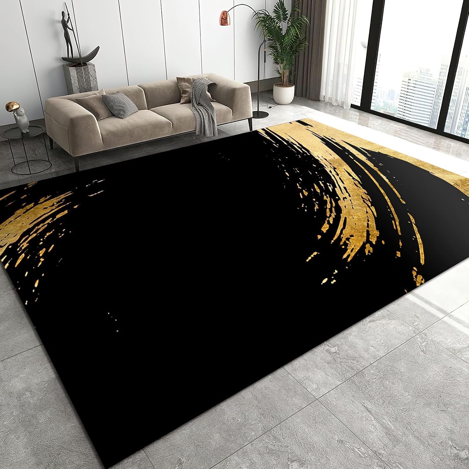 6x8 Rug Abstract Golden Stripes Indoor Non-Slip Kids Rug, Black and Gold Graffiti Art Upholstery Rug with Non-Slip Backing for Kids Boys Girls Bedroom Living Room Dining Room Study