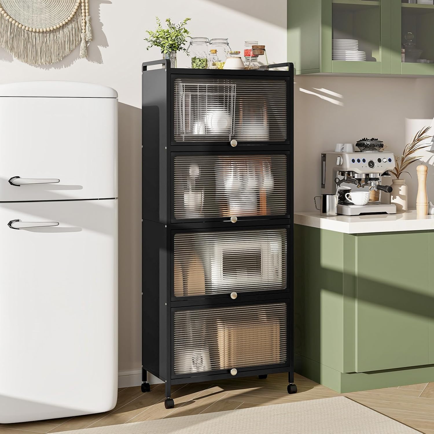 LDAILY 5-Tier Kitchen Storage Cabinet, Mobile Microwave Stand with Metal Frame, Double Anti-toppling Device, 4 Rolling Casters, Freestanding Bakers Rack for Kitchen, Dining Room, Living Room (Black)