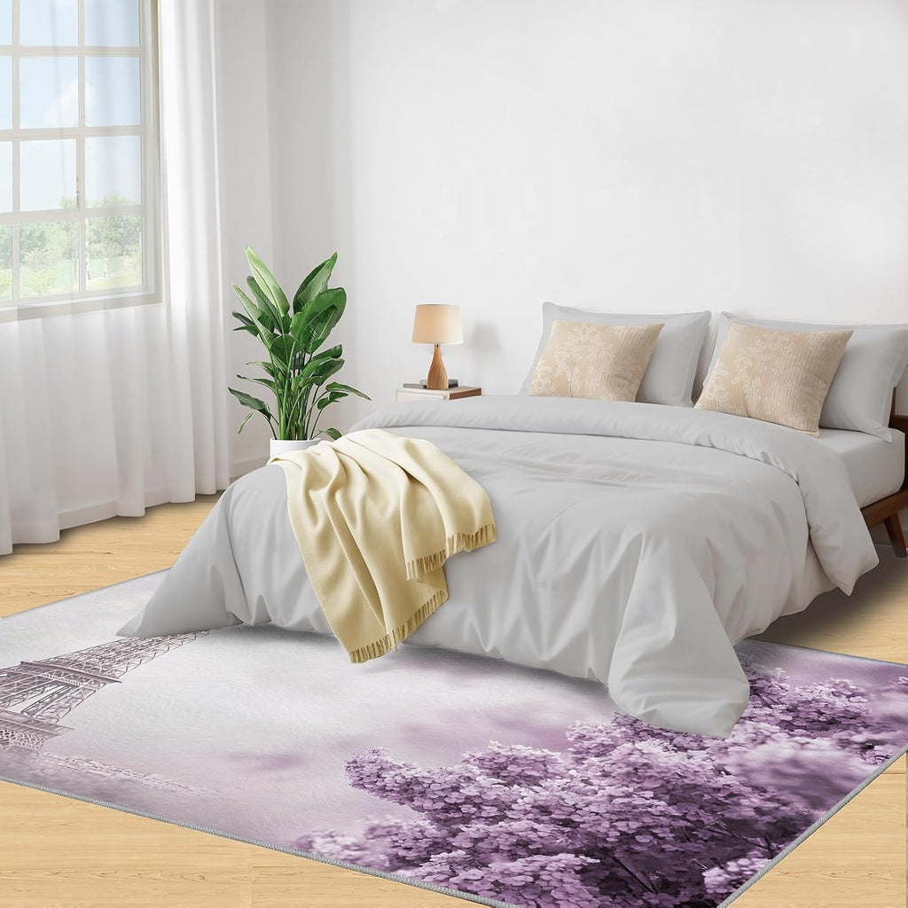 Eiffel Tower Rug 6x8, Parisian Style Rugs for Bedroom, Purple Flowers Rugs for Living Room, Washable Area Rug for Boys Girls Bedroom, Low Pile & Non Slip Carpet