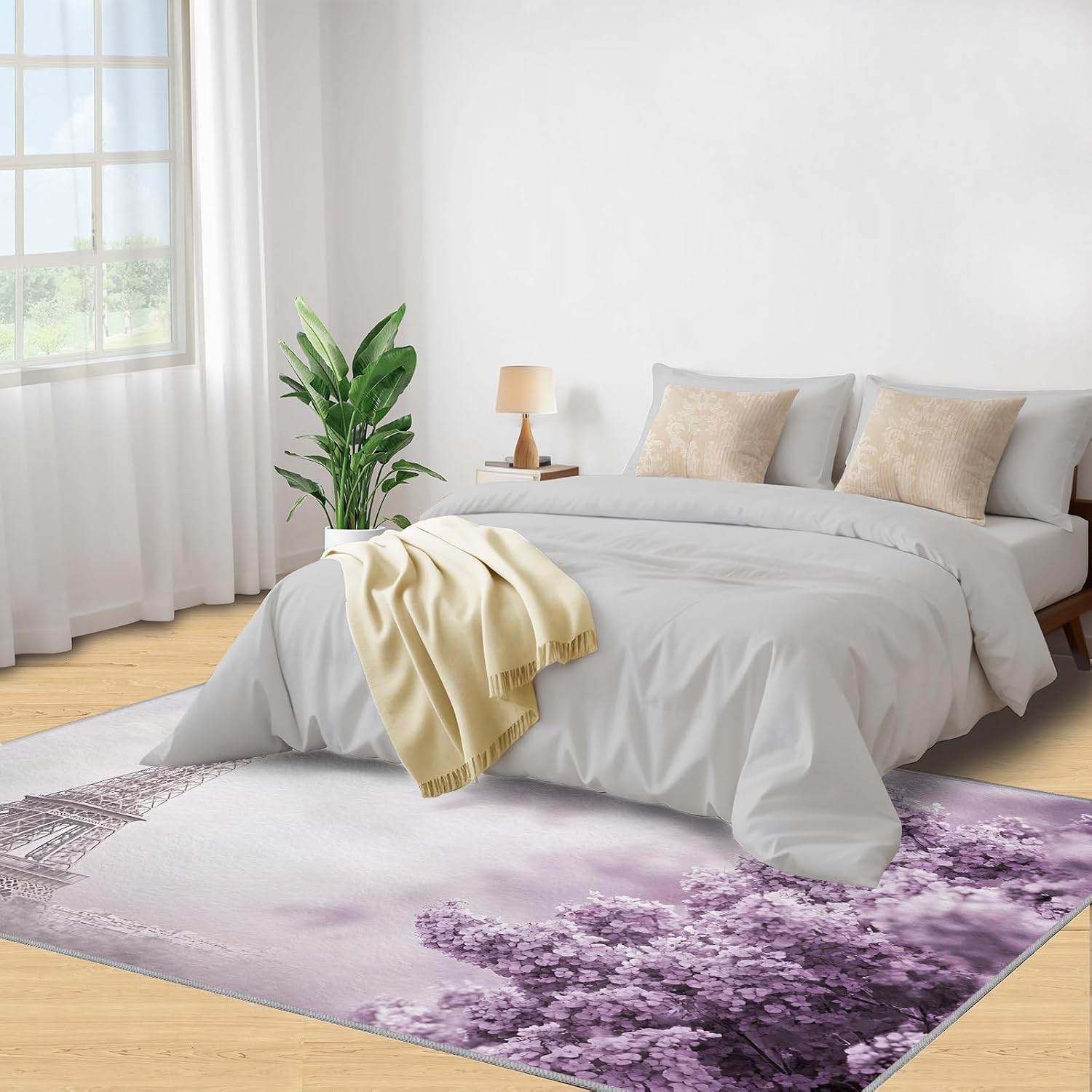 Eiffel Tower Rug 6x8, Parisian Style Rugs for Bedroom, Purple Flowers Rugs for Living Room, Washable Area Rug for Boys Girls Bedroom, Low Pile & Non Slip Carpet