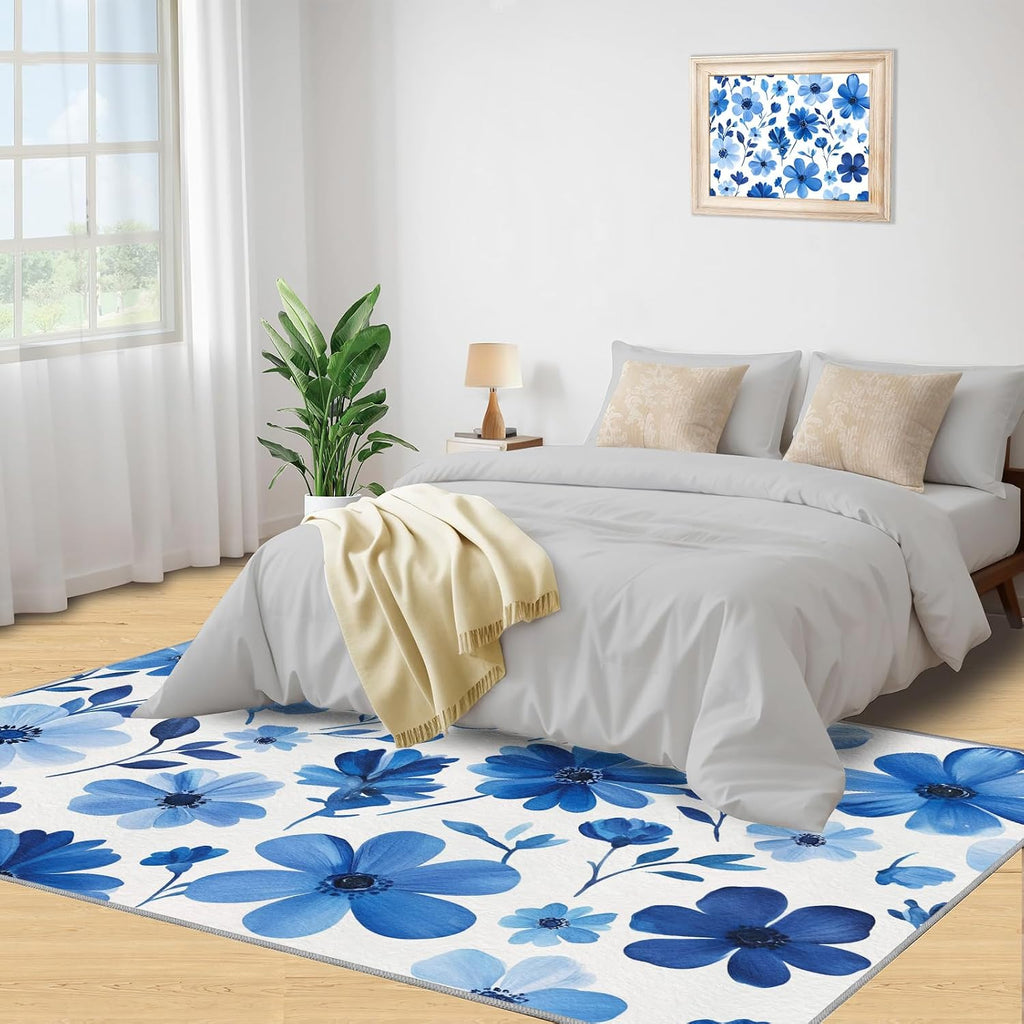 Blue Flowers Area Rug, Watercolor Flowers Living Room Rug, Low Pile Home Decor Carpet for Bedroom Dining Room Farmhouse Floor Mat 6x8
