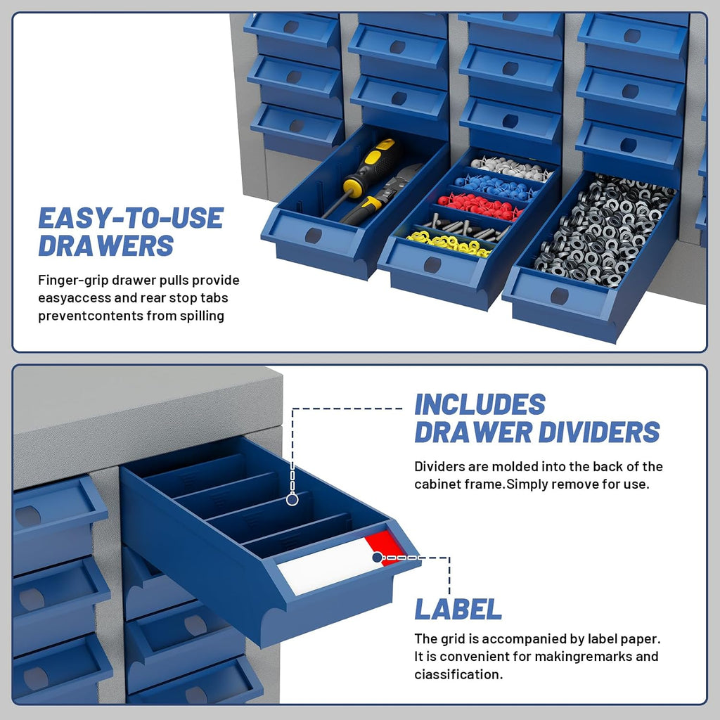 60-Drawer Parts Storage Cabinet, Multi-Purpose Organizer for Screws, Bolts, Nails, Craft Supplies, Legos, Tools, Compact Plastic Drawer Unit, Hardware Organizer for Garage, Workshop, Classroom