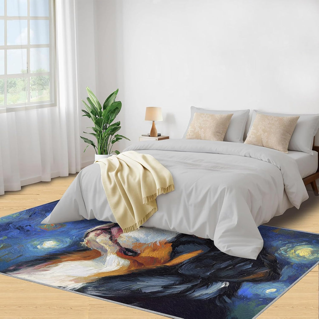 Dog Area Rug 6x8, Starry Sky Dog Rugs for Bedroom, Oil Painting Animals Rugs for Boys Room, Low Pile Non Slip Carpet for Computer Game Room Dormitory