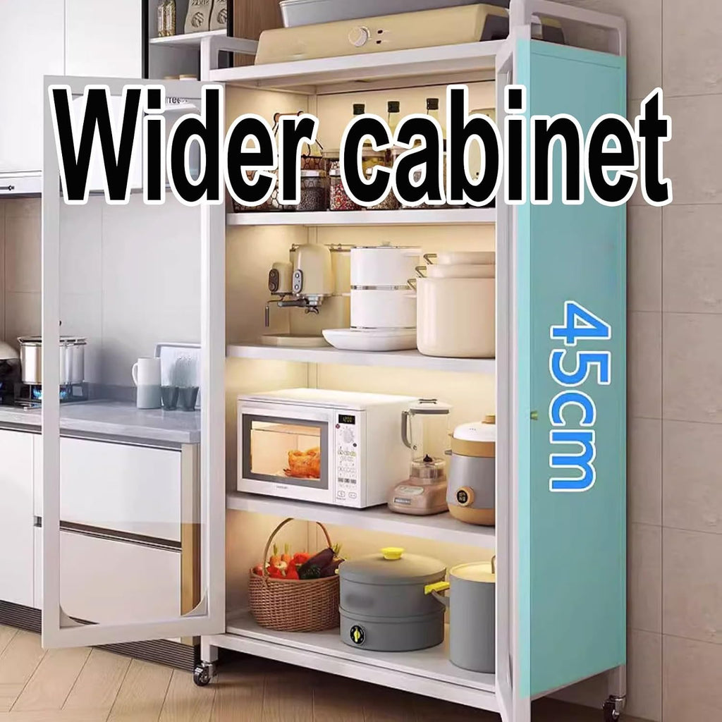 Microwave Cabinet with Storage 5-Tier Made of Carbon Steel Baker's Rack with Rolling Wheels and 6 Hooks Kitchen Shelves Freestanding for Spices(60 * 45 * 156CM)