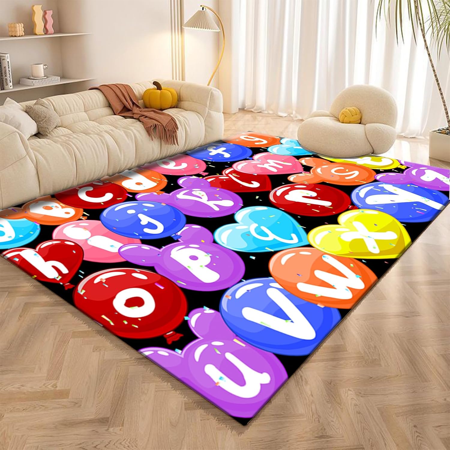 Balloon ABC Area Rugs, 6x8ft, Fun Colorful Balloon Learning Alphabet Daycare Rugs, Foldable Durable Low Pile Washable Carpet, Breathable Absorbent Home Decor Mat for Study Room Nursery