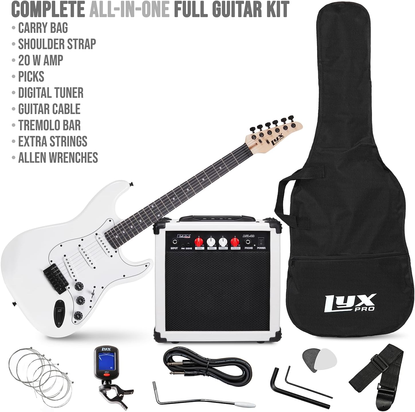 LyxPro 39 inch Electric Guitar Kit Bundle with 20w Amplifier, All Accessories, Digital Clip On Tuner, Six Strings, Two Picks, Tremolo Bar, Shoulder Strap, Case Bag Starter kit Full Size - White