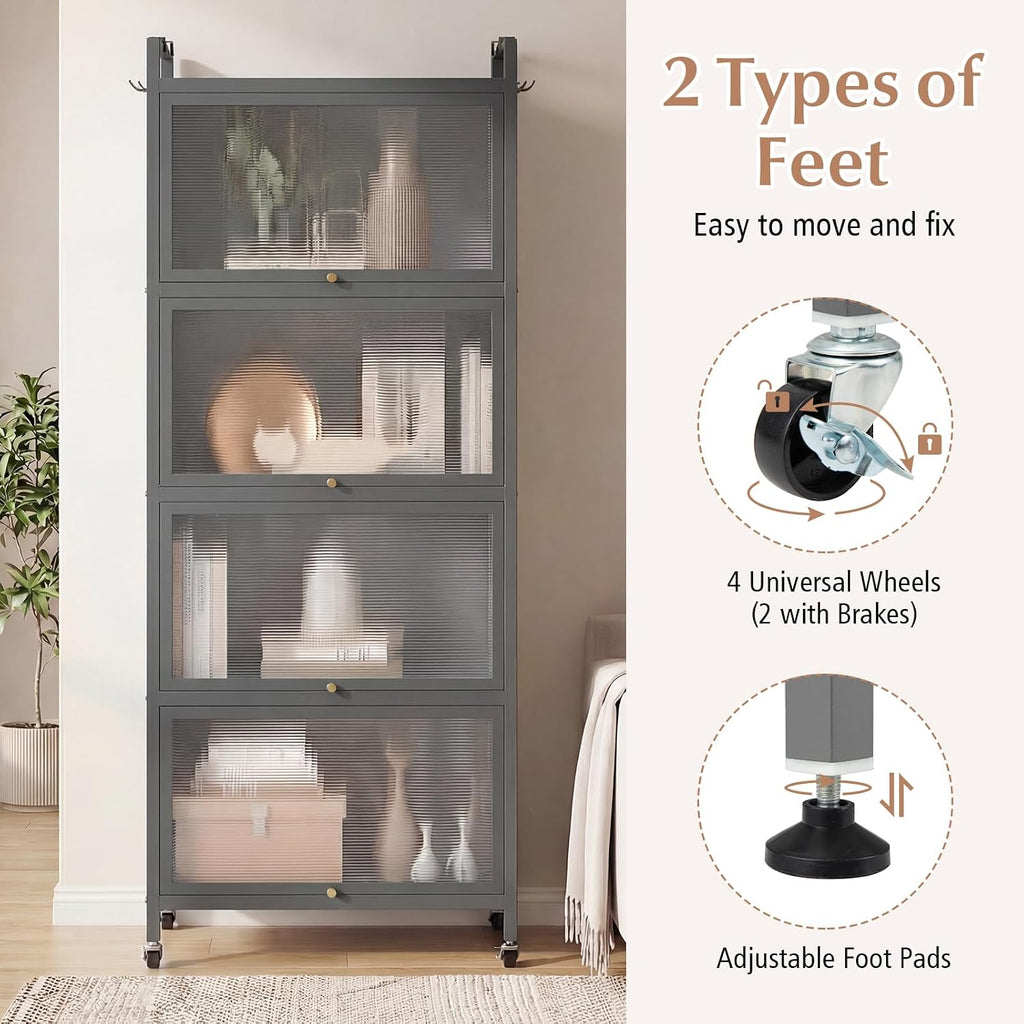 LDAILY 5-Tier Kitchen Storage Cabinet, Mobile Microwave Stand with Metal Frame, Double Anti-toppling Device, 4 Rolling Casters, Freestanding Bakers Rack for Kitchen, Dining Room, Living Room (Grey)