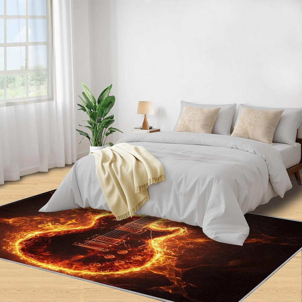 8x10 Flame Guitar Area Rugs - Rock Instrument Rugs for Living Room, Fire Effects Modern Boy Nursery Rug Soft Washable for Classroom Office Bedroom Kids Room