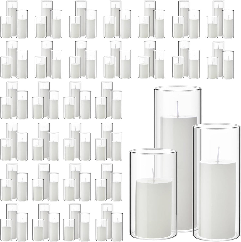Shihanee 180 Pcs Pillar Candles and Glass Cylinder Vases Clear Cylinder Holders for Slim Pillar Candles Table Decoration (White)