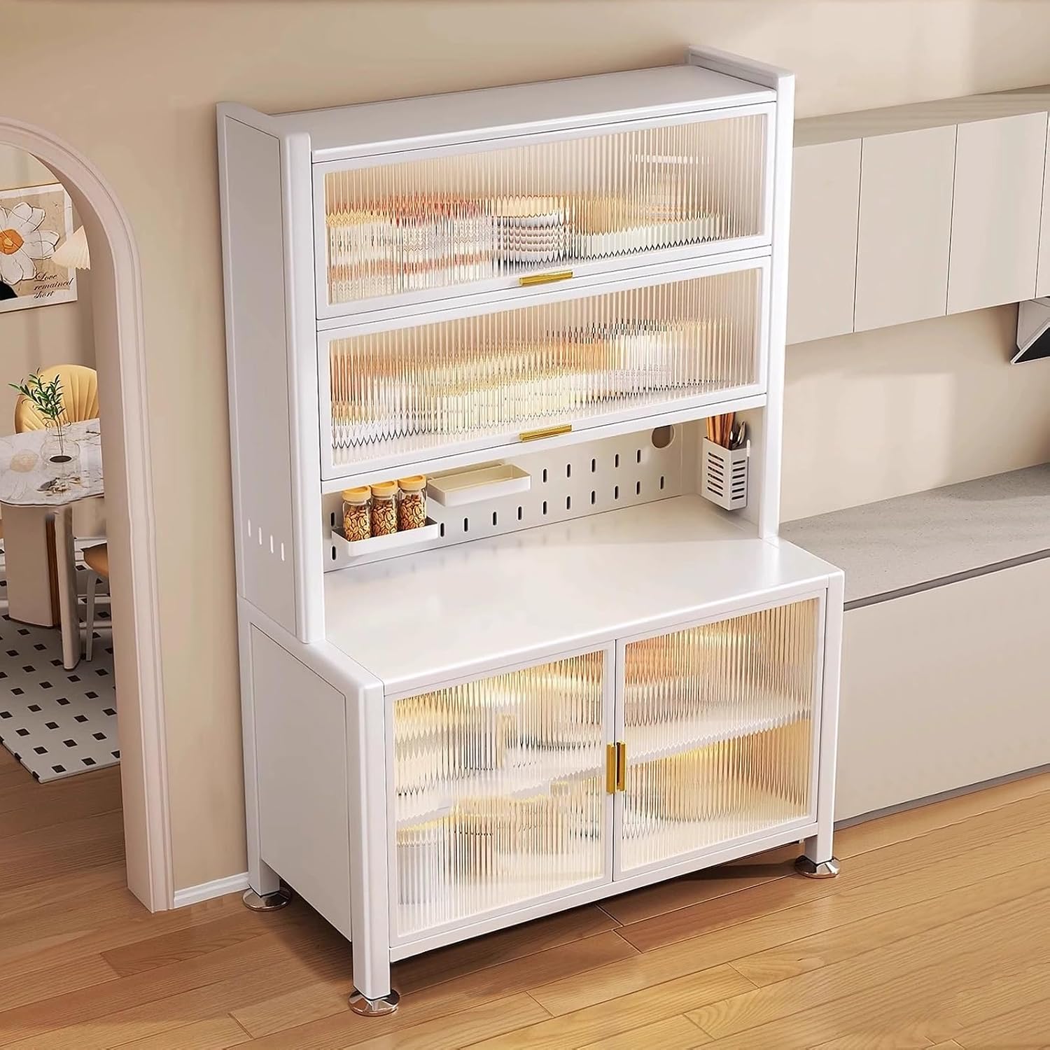 6-Tier Kitchen Bakers Rack, Kitchen Microwave Stand, Bakers Rack with Storage, Pegboard, Adjustable Shelf(White-100Cm)