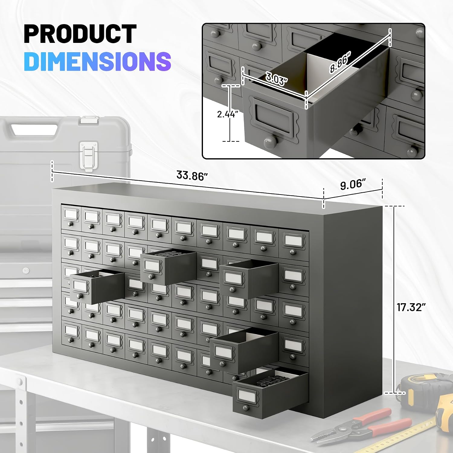 50 Drawers Metal Storage Drawer Cabinet, Gray Cold Rolled Parts Cabinet, Bolt and Nut Tool Storage Box, Hardware Organization Shelves Bolts Bin Organizer Tool, 33.9' W x 9.1' D x 17.3' H