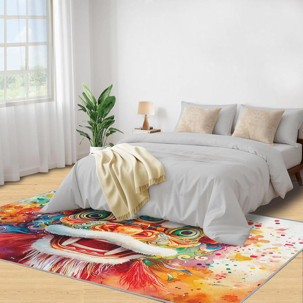 Chinese Tradition Rugs for Bedroom, Lion Dance Rug 6x8, Chinese New Year Decor Dining Room Rugs Washable & Non Slip Large Carpet for Home Decor
