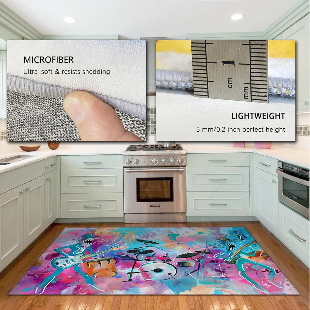 Colorful Graffiti Area Rug 6'x9' - Guitar and Drums Cartoon Painting Style Carpet Music Lover Indoor Mat for Bedroom Living Room
