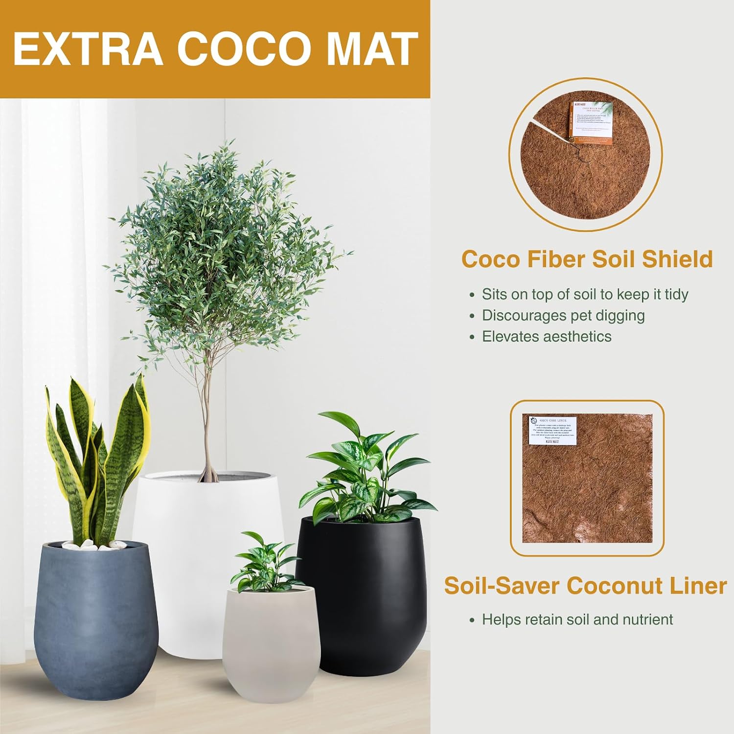 KUTE NEST 16.5' H x 15' D Premium Corso Fiberstone Round Planter for Outdoor & Indoor Plants, Ideal for Snake Plants, Monstera & House Plants, Included 2 Extra Coco Mats (Black, 11.5' Pot Opening)