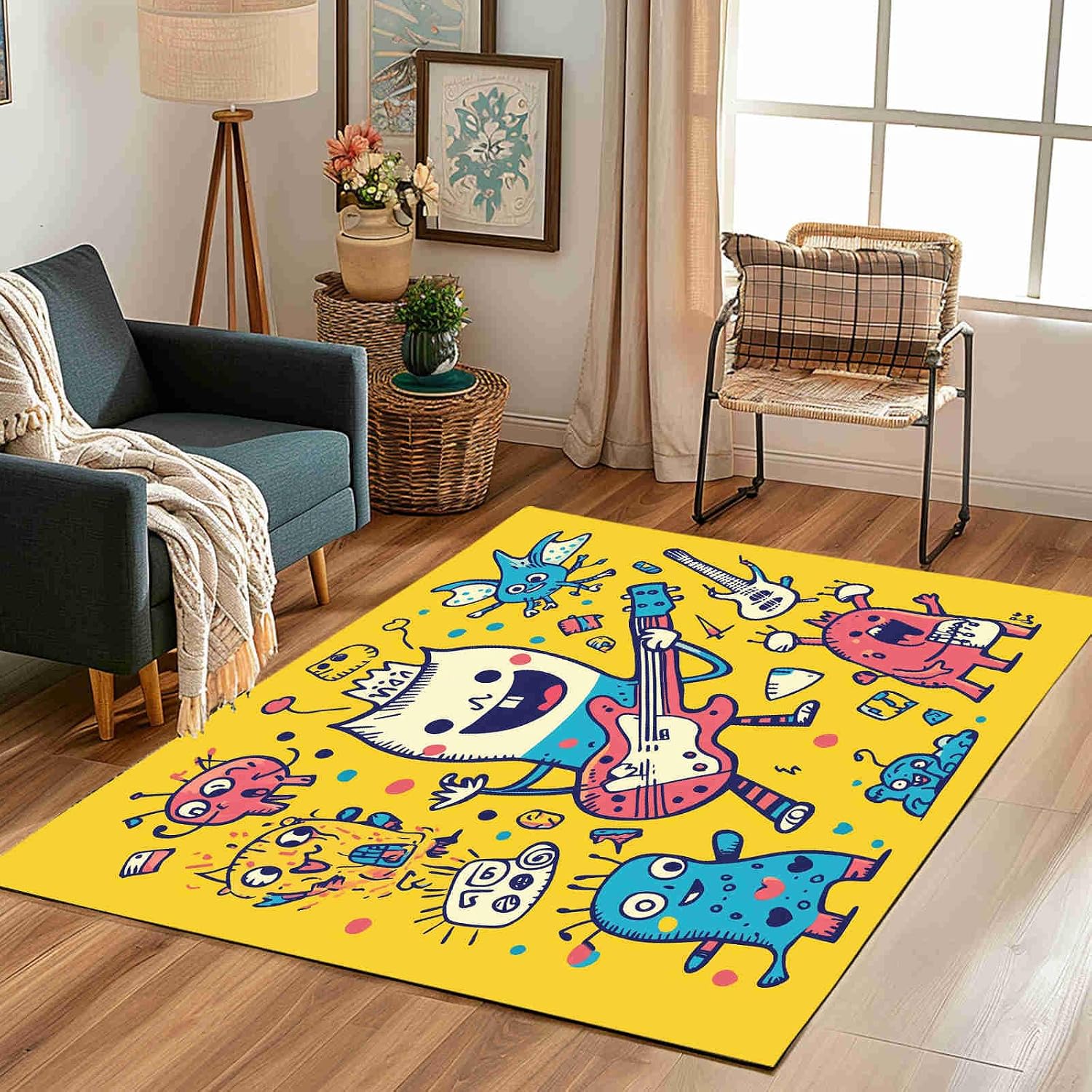 Cartoon Electric Guitar Washable Area Carpet 5x6ft Graffiti Band Living Room Rugs Non-Slip Rugs Anime Notes Bedroom Rug Decorative Carpet, for Dining Room Dormitory Washable Rug