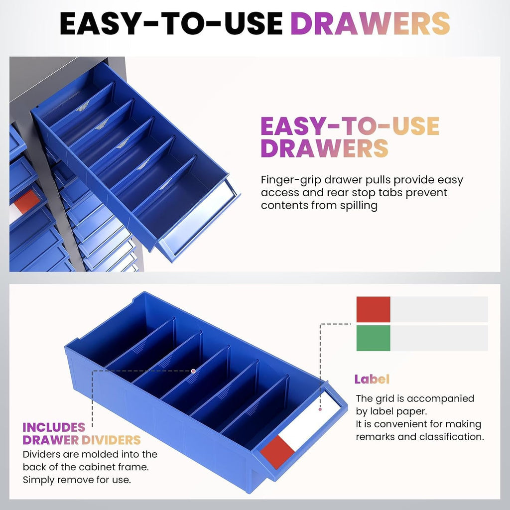 Heavy Duty 75 Drawer Parts Cabinet, Alloy Steel Nut and Bolt Organizer, ABS Bolt Bins with Anti-Slip Safety Stop, Label Stickers Included, Hardware Storage for Workshop, Garage, Industrial Use