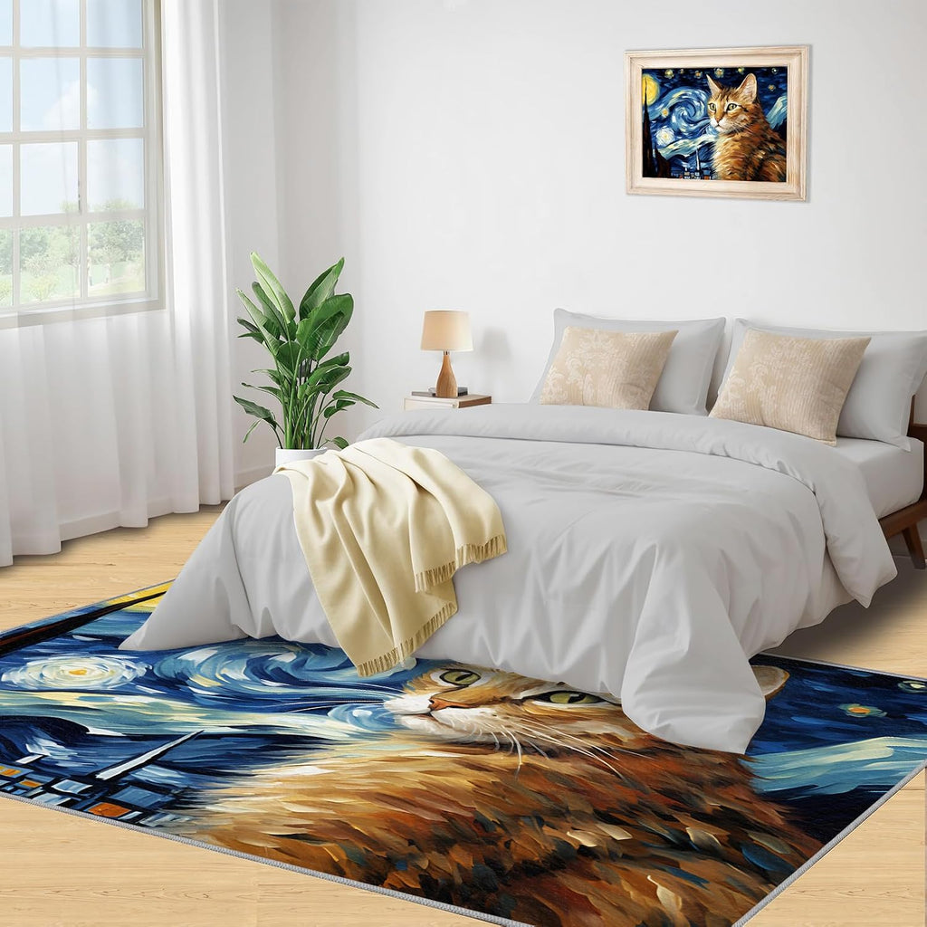6x8 Area Rug - Starry Sky Orange Cat Large Rugs for Living Room, Post-Impressionist Art Painting Carpet Area Rug for Girls Bedroom Kids Room Basement Office Classroom