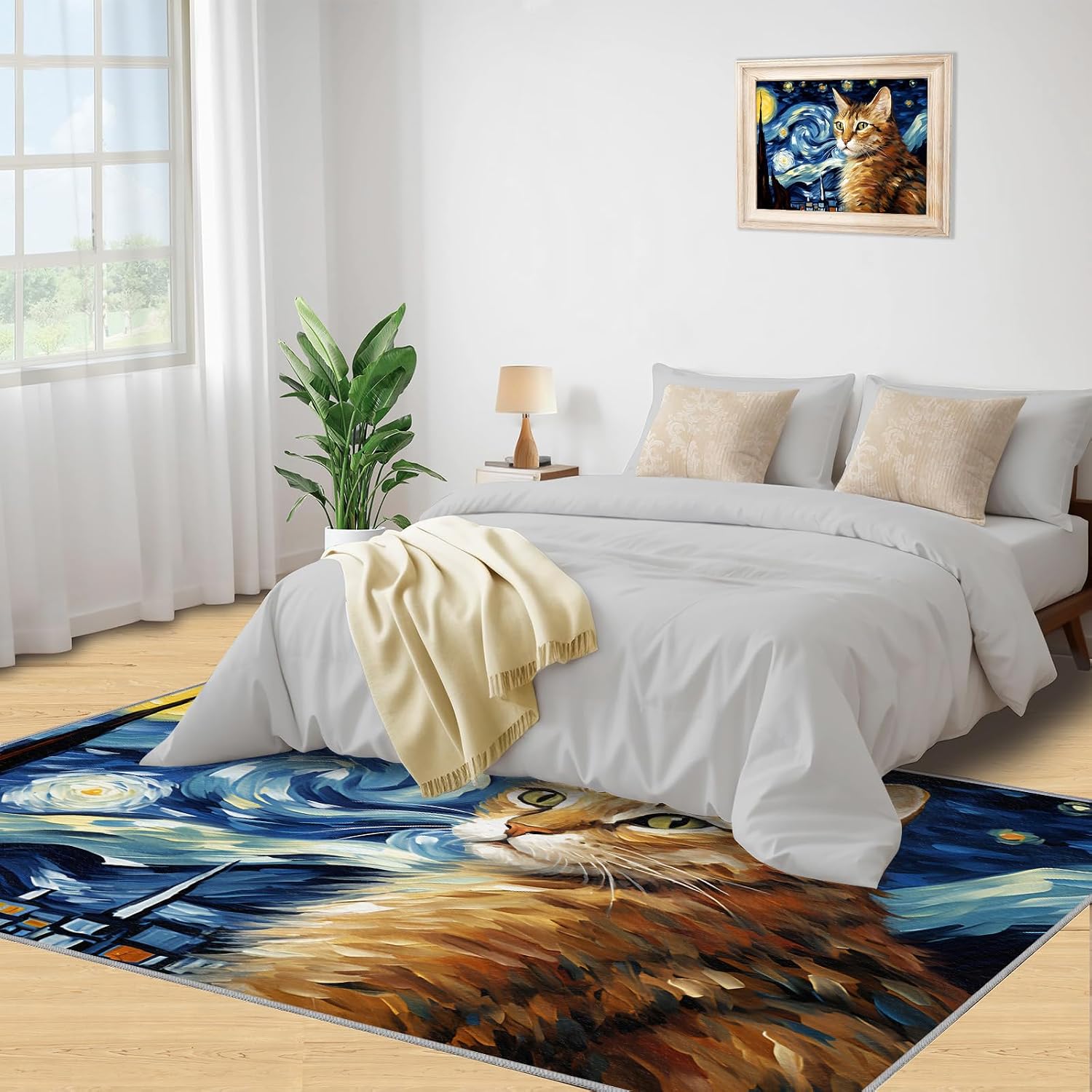 6x8 Area Rug - Starry Sky Orange Cat Large Rugs for Living Room, Post-Impressionist Art Painting Carpet Area Rug for Girls Bedroom Kids Room Basement Office Classroom