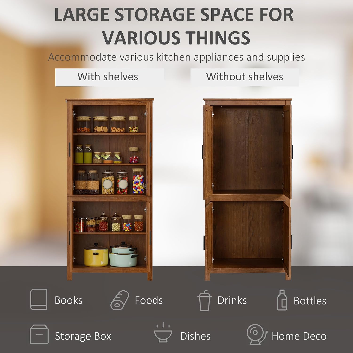 64' Adjustable Shelves Freestanding Storage Cabinet, Kitchen Storage Bakers Rack with Anti-Tipping Design, Utility Food Cupboard with 5-Tier Shelving for Kitchen Dining Living Room, Oak