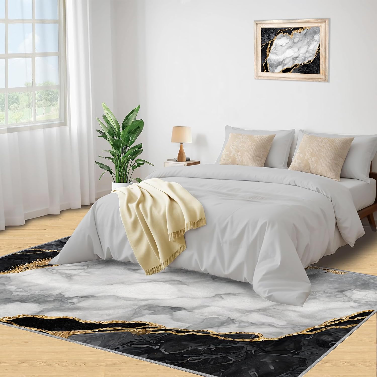 Nordic Luxury Black Gold White Area Rug, Abstract Marble Rugs for Living Room, Indoor Non-Slip Kids Rugs, Machine Washable Breathable Durable Carpet for Front Entrance Floor Decor,6 x 8ft