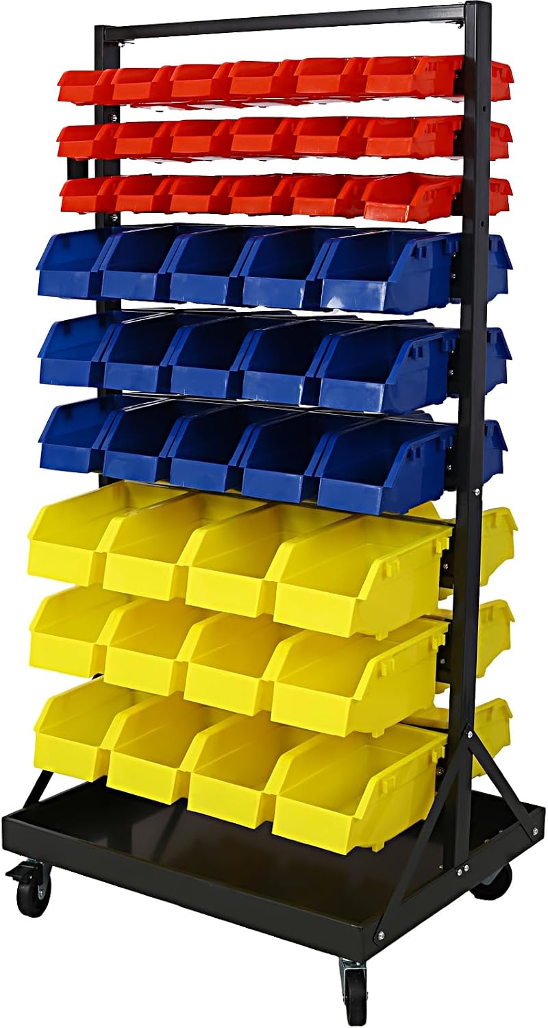 9-Tier Rolling Bin Stroage Rack with 90 Bins, Dual-Sided Parts Organizer with Wheels and Top Tray, Heavy Duty Tool Storage Rack for Workshop, Garage, Utility Use