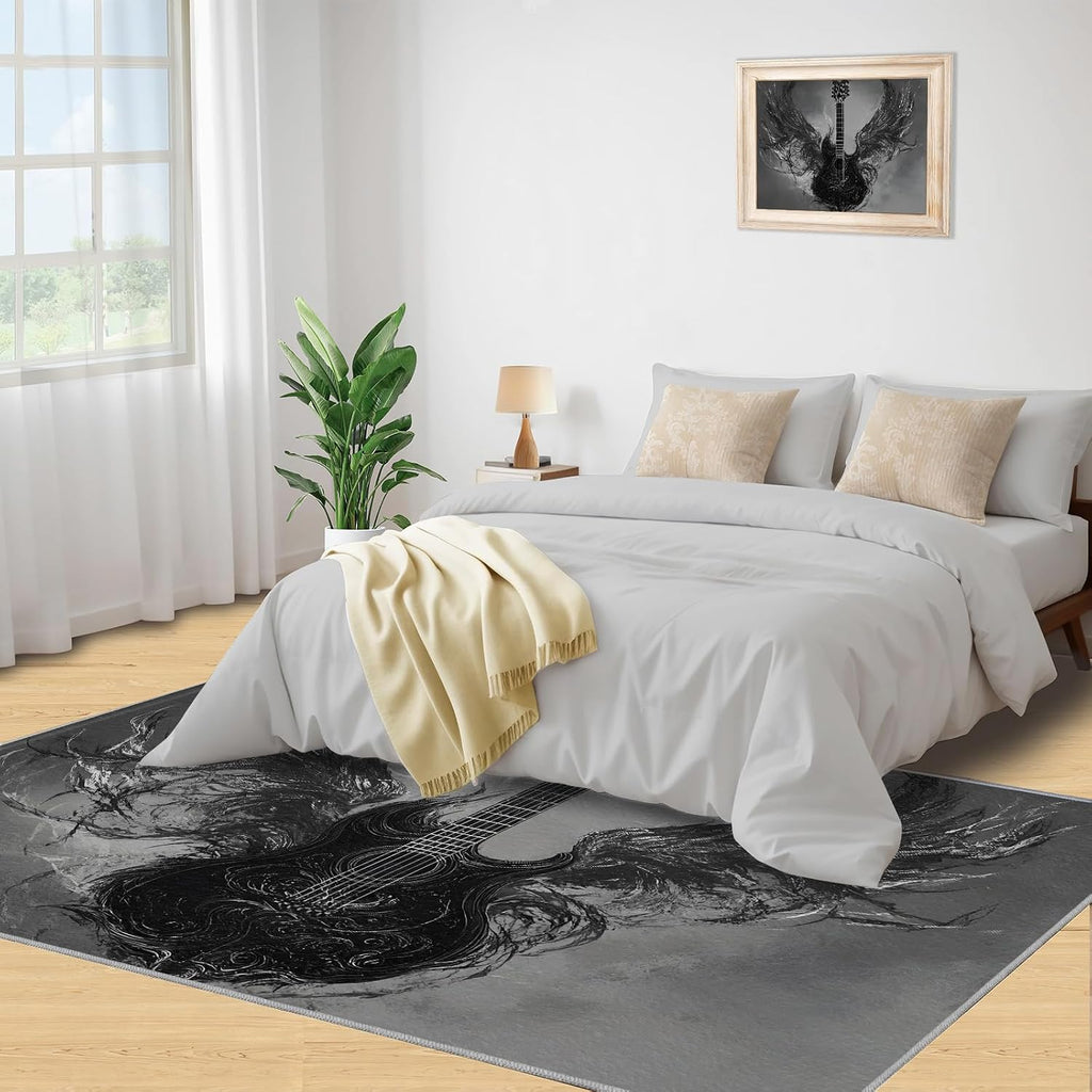 Guitar Rug & Home Decor - 7x9 Large Rug, Gothic Rugs for Living Room Bedroom, Boys Cool Washable Rugs, Musical Area Carpet, Non Slip Indoor Guitar Floor Carpet & Music Room Decor