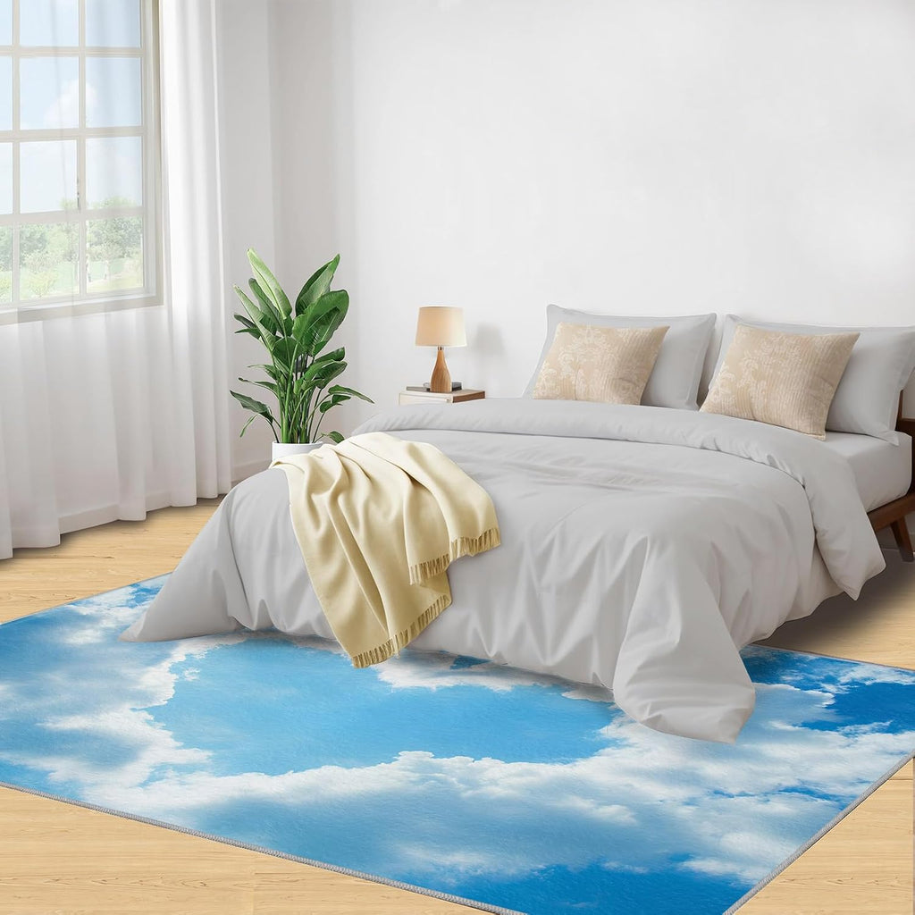 6x8 Heart-Shaped Sky Area Rug - Blue Sky White Clouds Large Rugs for Living Room, Minimalist Carpet Area Rug for Girls Bedroom Kids Room Basement Office Classroom