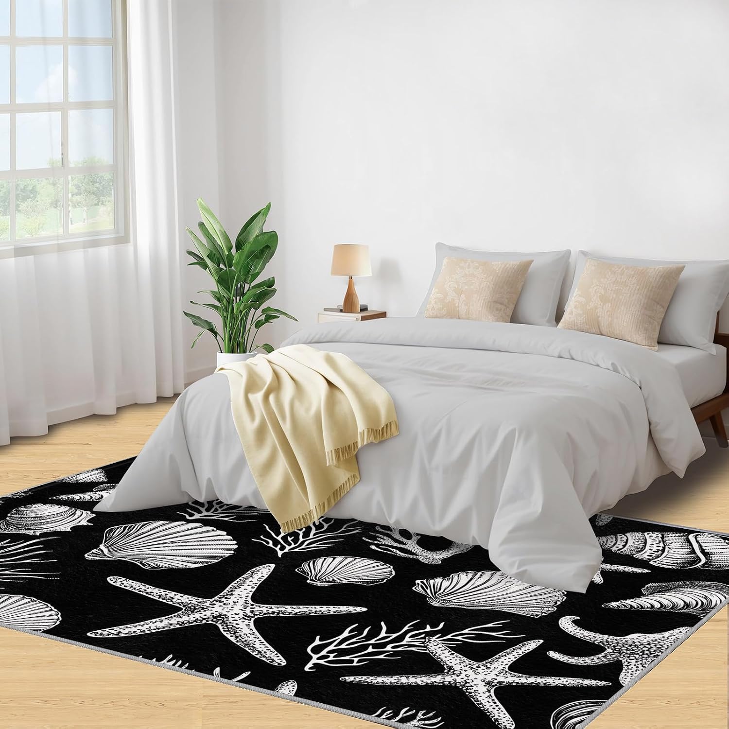 Coastal Rugs for Bedroom, Shells Rug 6x8, Coral Dining Room Rugs Washable & Non Slip Large Carpet for Home Decor