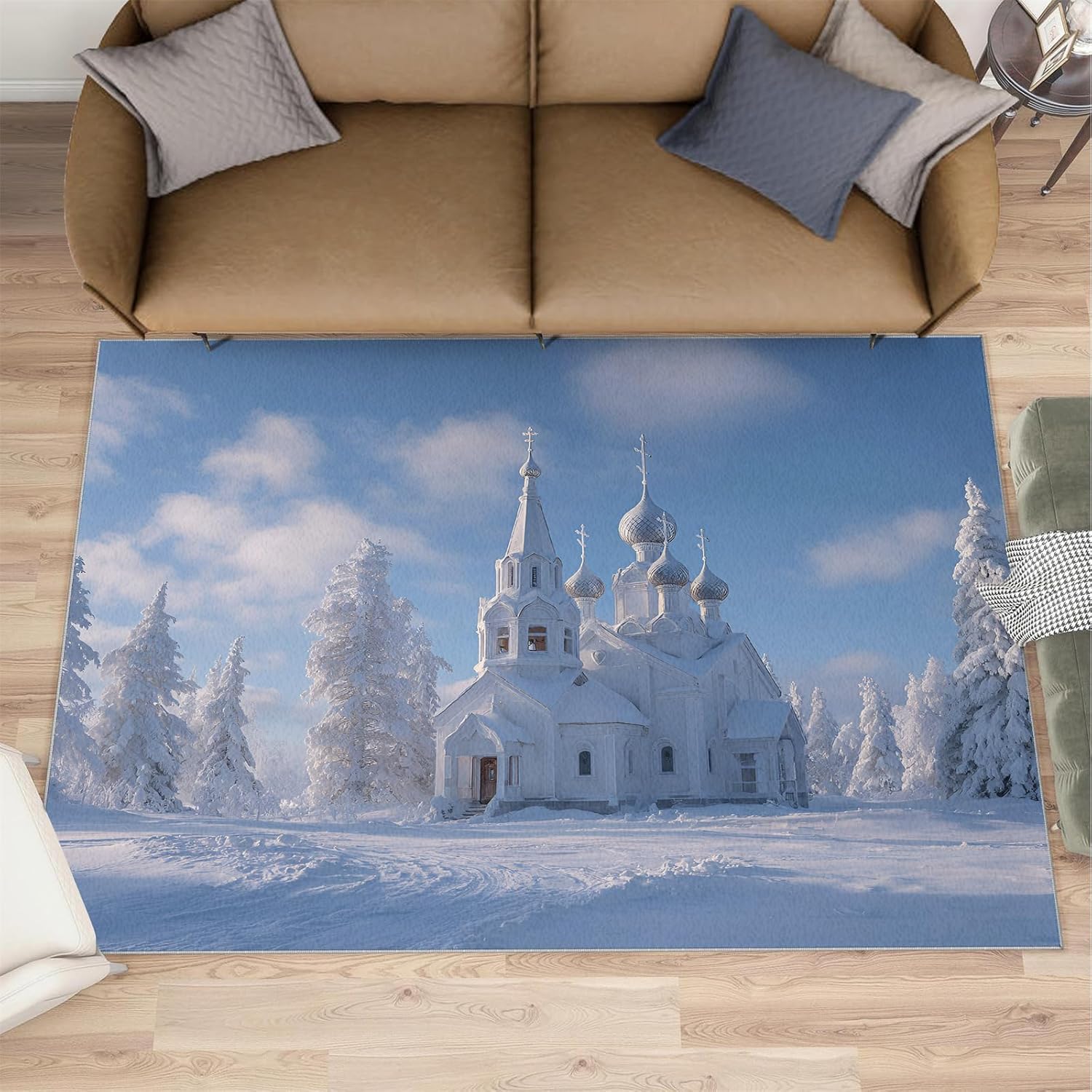 Castle Rugs for Bedroom, Winter Forest Rug 6x8, Winter Scenery Dining Room Rugs Washable & Non Slip Large Carpet for Home Decor