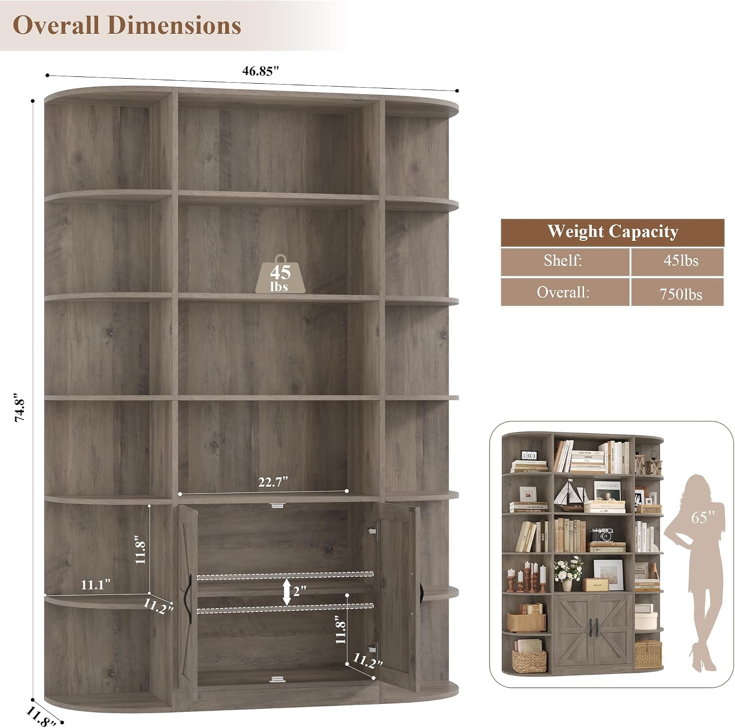 HOSTACK 75' Tall Book Shelf and Bookcase, 6 Tier Bookshelf with Storage, 47' Wide Bookcase with Door, Freestanding Wood Display Shelves with Book Storage Cabinet for Home Office, Living Room, Ash Grey