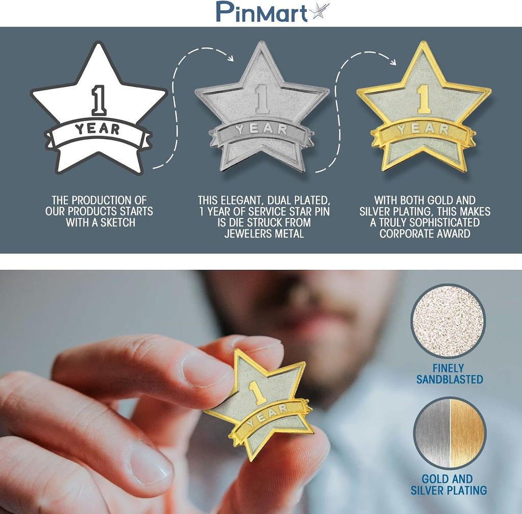 PinMart Year Service Award STAR Lapel Pin – Gold Color Plated- & Silver-Plated Metal Workplace Reward Pin – 1-30, 35, 40, 45 & 50 Years of Service Star Pins for Long Standing Employees or Volunteers