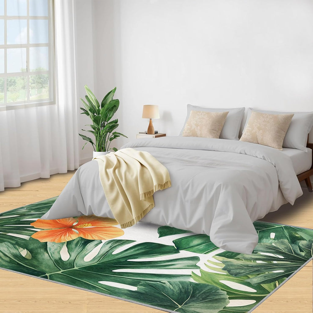 Hibiscus Rug 6x8-6x8 Rug, Tropical Monstera Area Rugs for Living Room Bedroom, Floral Botanical Area Rugs, Modern Washable Carpet, Aesthetic Carpet, Floral Home Decor