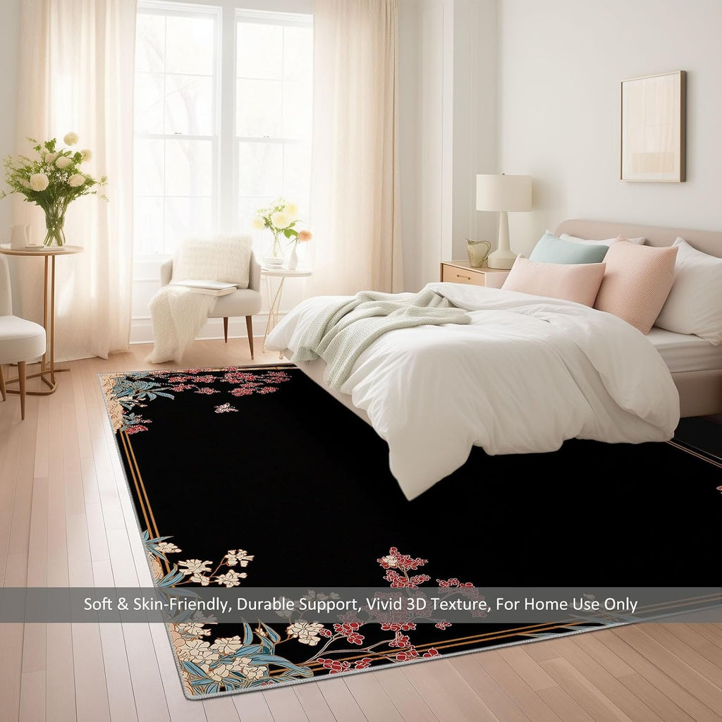 Japanese Plants Flowers Bamboo Area Rugs 5 x 7 ft for Kids Room Boys Girls, Black Polyester Indoor Carpet - Machine Washable Non-Slip Soft Printed Rug for Bedroom Living Room Decor