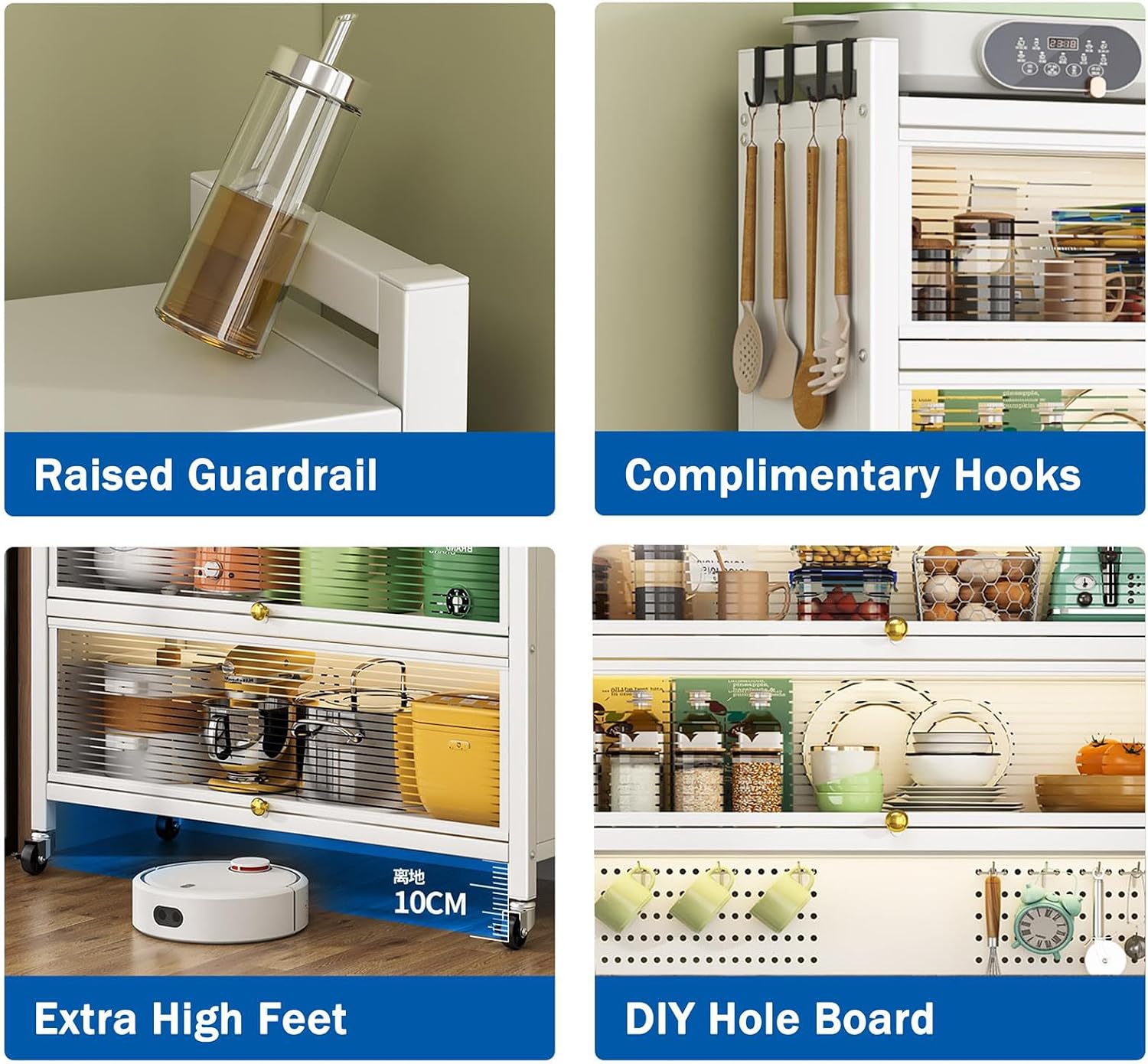 6-Tier Kitchen Standing Storage Cabinet, Kitchen Bakers Rack with Storage Cabinet, Microwave Stand with Pegboard Accessories, Heavy Duty Metal Kitchen Rack for Kitchen Dining Room,White,L 100cm
