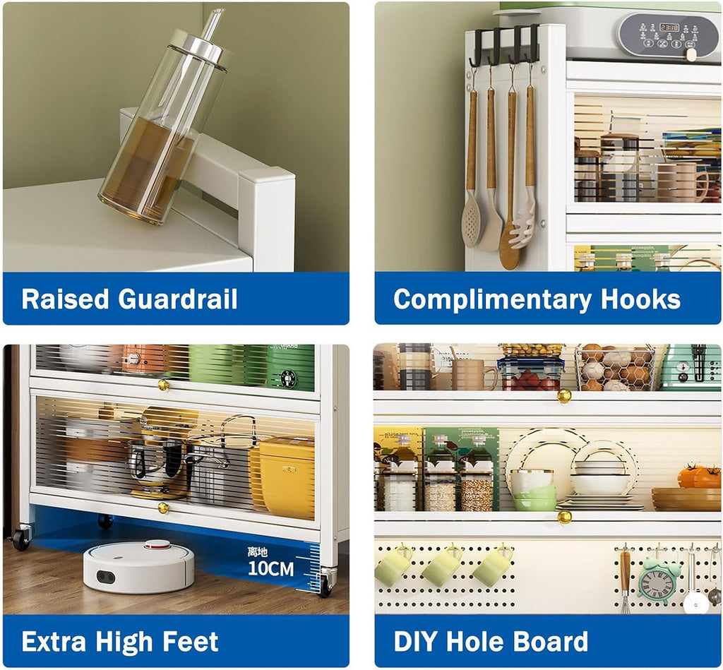 6-Tier Kitchen Standing Storage Cabinet, Kitchen Bakers Rack with Storage Cabinet, Microwave Stand with Pegboard Accessories, Heavy Duty Metal Kitchen Rack for Kitchen Dining Room,White,L 80cm/
