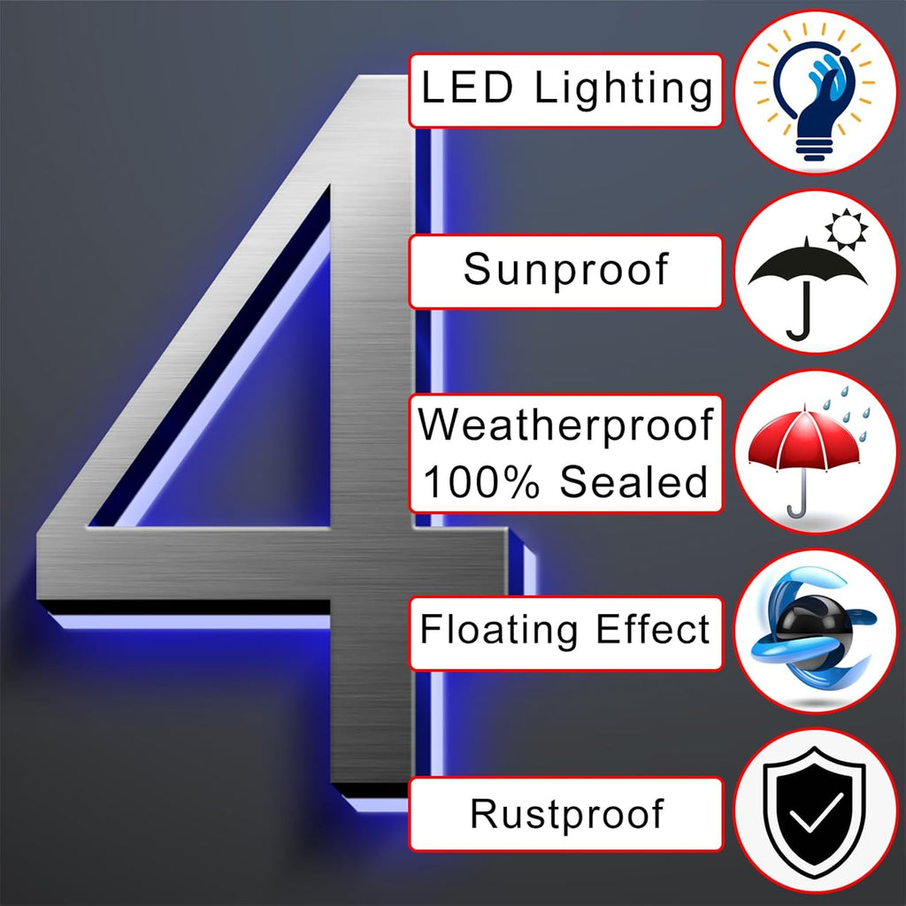 Stainless Steel Illuminated LED House Numbers For Outside, Backlit LED Floating Home Address Number, Modern Large Lighted House Numbers For Outside Modern