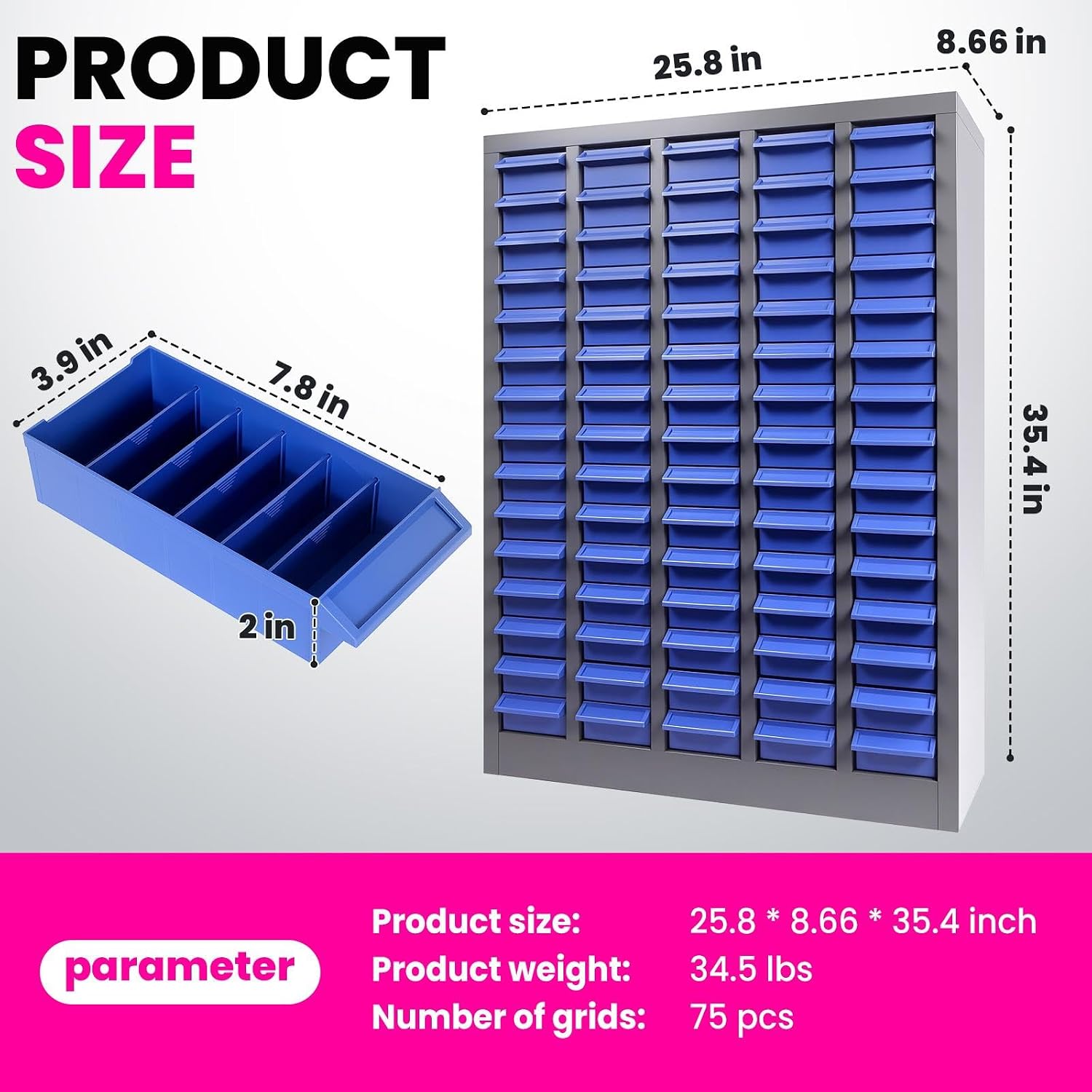 75-Drawer Parts Cabinet, Spill-Proof Bolt Bin Organizer with Removable Dividers, ABS Material Small Parts Cabinet, for Hardware and Craft Supplies Storage in Garage Workshop (25.8×7.8×35.4Inches)