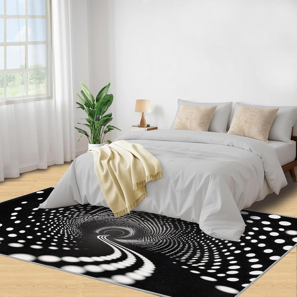 Black White Polka Dots Rugs for Bedroom, 3D Optical Illusion Rug 6x8, Modern Abstract Dining Room Rugs Washable & Non Slip Large Carpet for Home Decor