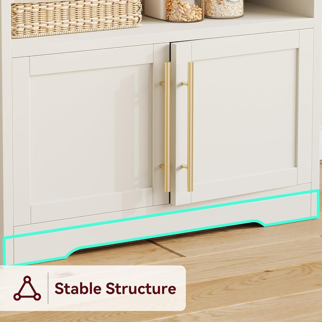 TrailBlaze Microwave Stand with Storage Cabinet, Bakers Rack with Power Outlet and Shelves, Farmhouse Floor Hutch Door Thickened Counter, Storage Shelf Coffee Bar for Kitchen, Dining Room, White