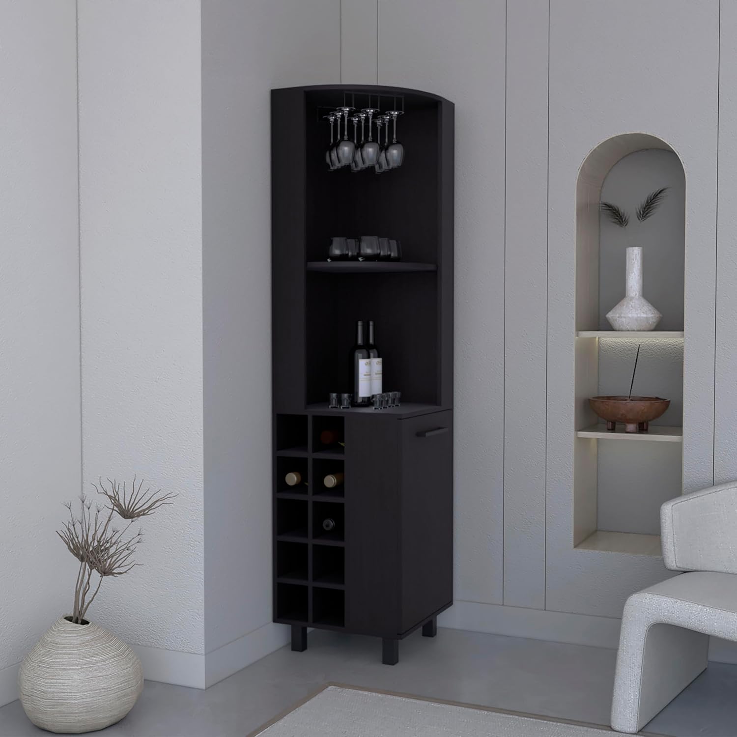 71' Freestanding Storage Cabinet, Kitchen Storage Bakers Rack with Wine Cubbies, Utility Food Cupboard with Stemware Racks for Dining, Black