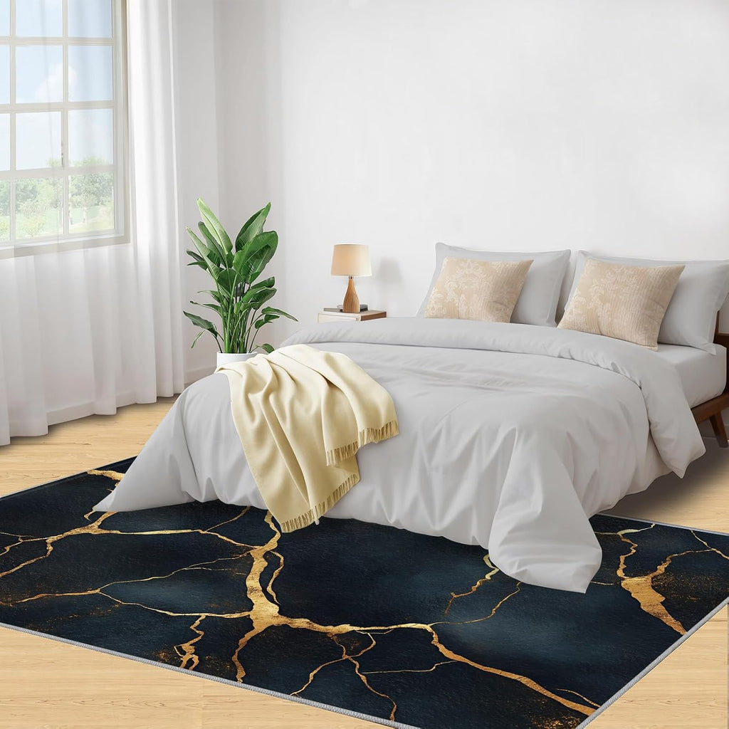 Abstract Cracks Rug 6x8 - Gold Line Texture Large Rugs for Living Room, Modern Irregular Art Carpet Area Rug for Girls Bedroom Kids Room Basement Office Classroom