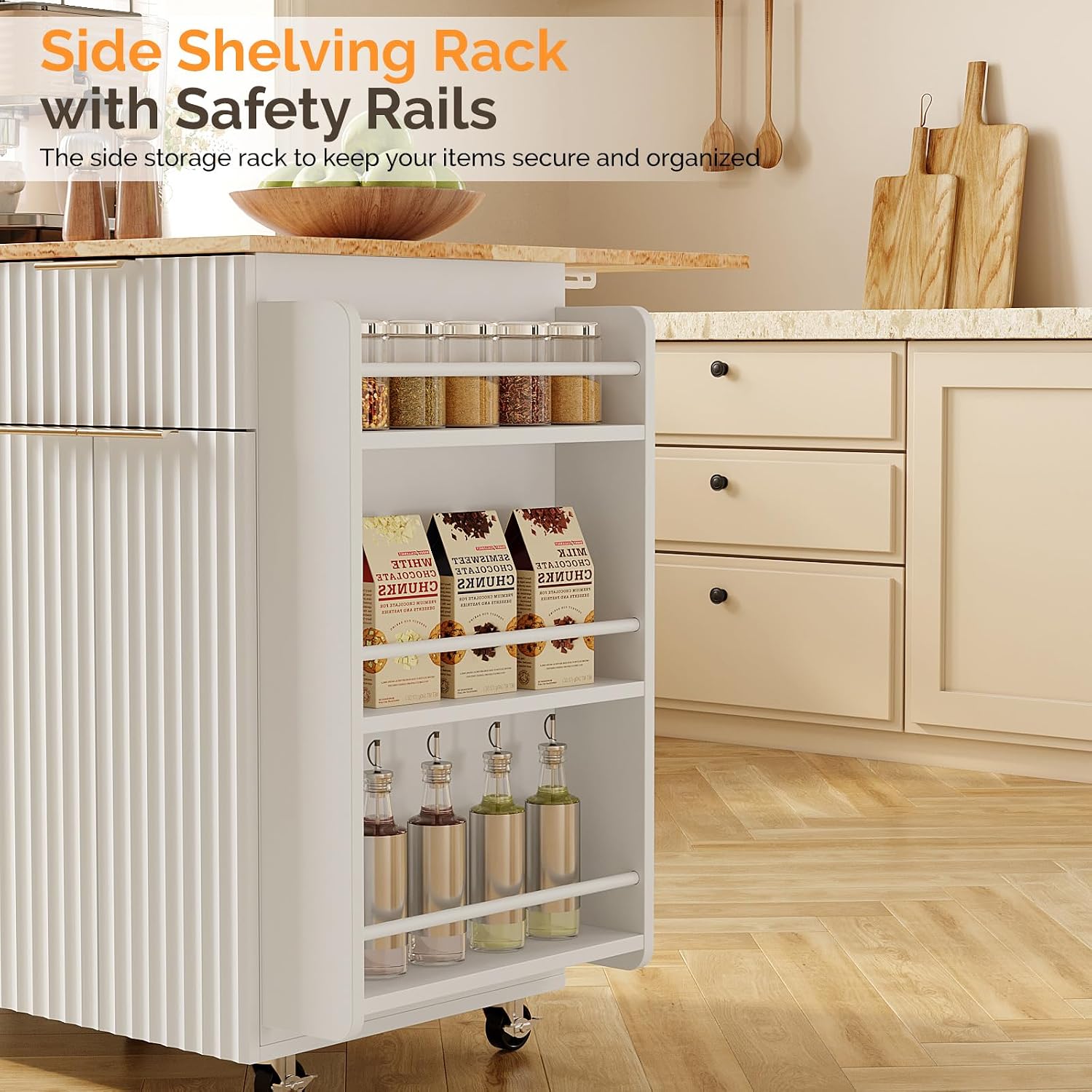 VINGLI Fluted Large Kitchen Island Cart with 2 Draws & 4 Doors, White | Drop-leaf Toptable, Adjuestable Shelves, Towel Bar, 3-tier Side Storage Rack, 360° Rolling Design