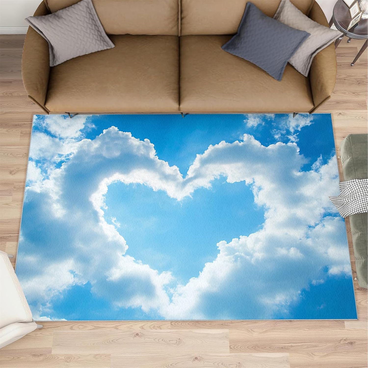 6x8 Heart-Shaped Sky Area Rug - Blue Sky White Clouds Large Rugs for Living Room, Minimalist Carpet Area Rug for Girls Bedroom Kids Room Basement Office Classroom