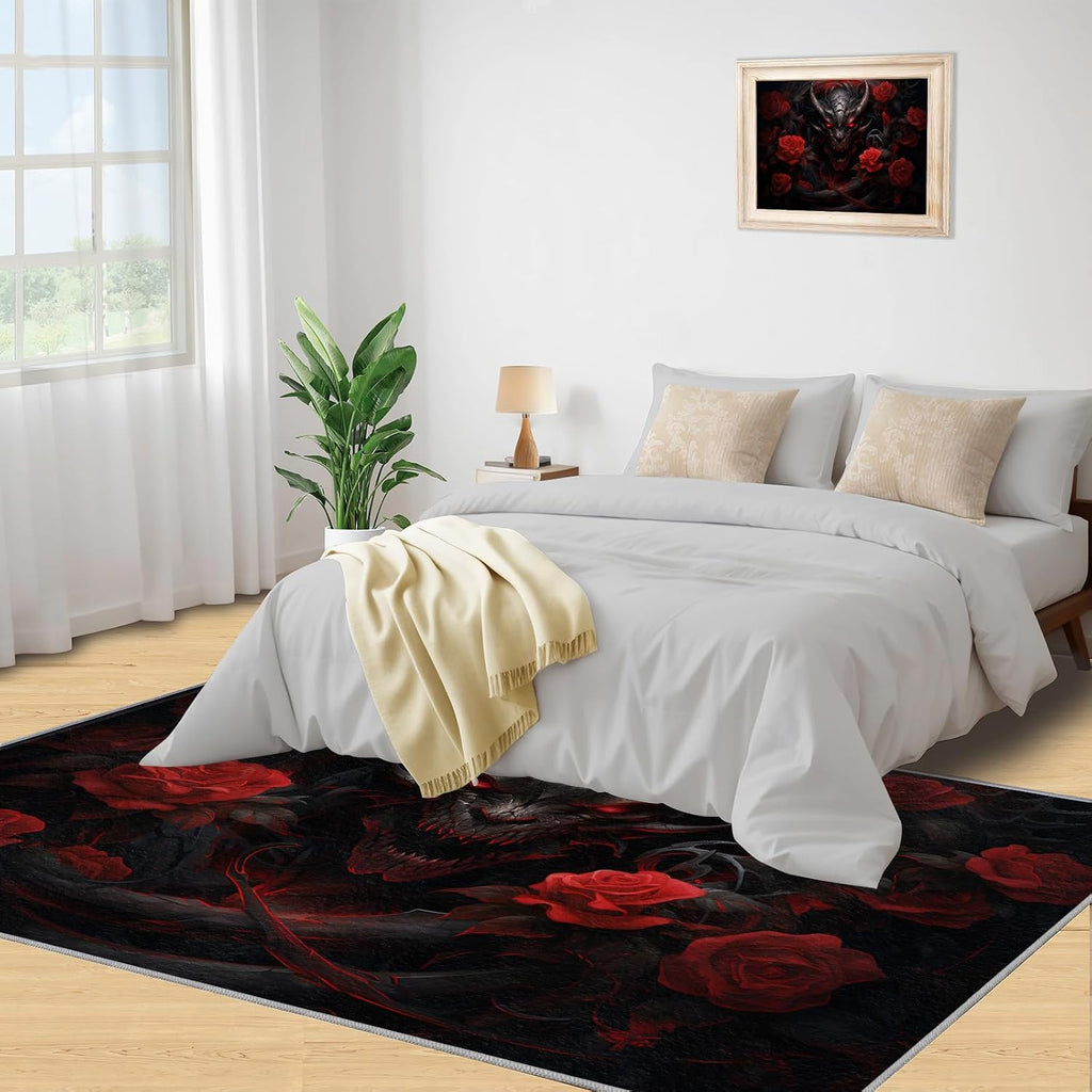 Red Rose Rug for Kids Room - 6x8 Large Rug, Giant Dragon Rugs for Bedroom Black and Red Dragon Flower Area Rugs for Living Room Home Decor Washable Rug