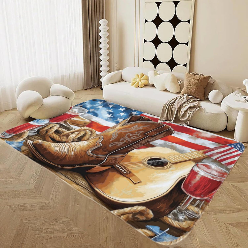 Music Guitar Area Rug 6 ft x 8 ft Exotic Tribal Cowboy Boots Decorative Rug for Kids Teens Adults Musical Notes for Living Room Bedroom Southwest Style Decorative