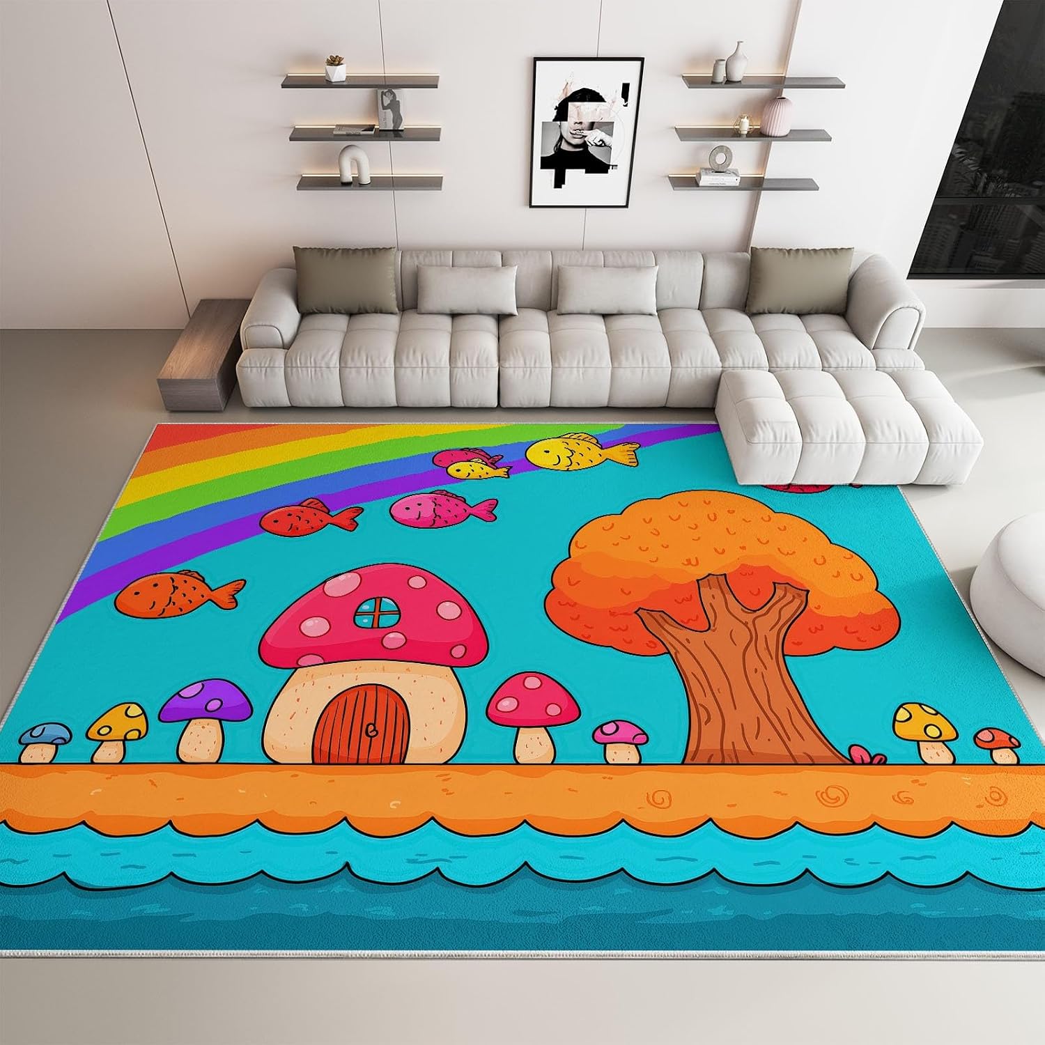 Soft Cartoon Carpet for Bedroom Living Room Non-Slip Rugs 5' x 7', Fluffy Indoor Washable Ocean Animals Fish Rainbow Carpet for Kids Boys Girls Dorm Nursery Room Home Decor