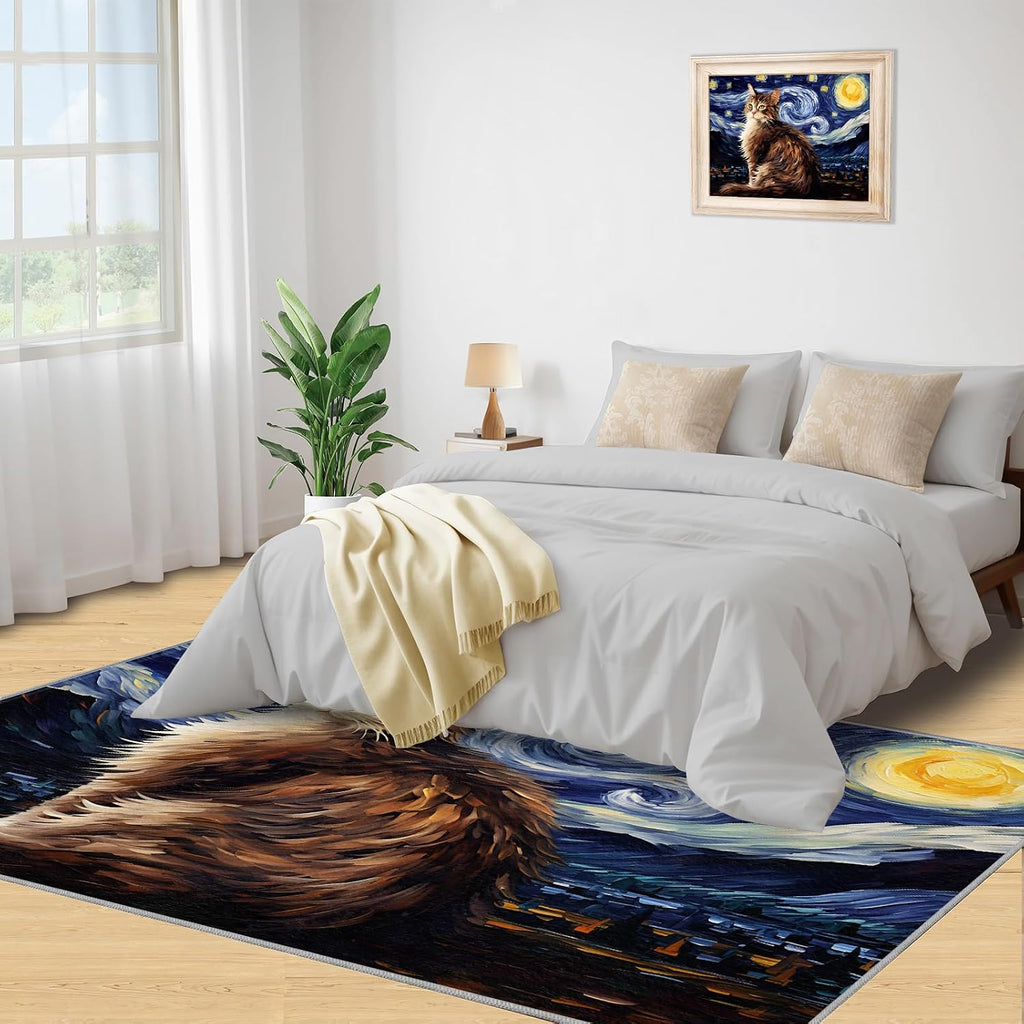 6x8 Area Rug - Starry Sky Norwegian Forest Cat Large Rugs for Living Room, Post-Impressionist Art Painting Carpet Area Rug for Girls Bedroom Kids Room Basement Office Classroom