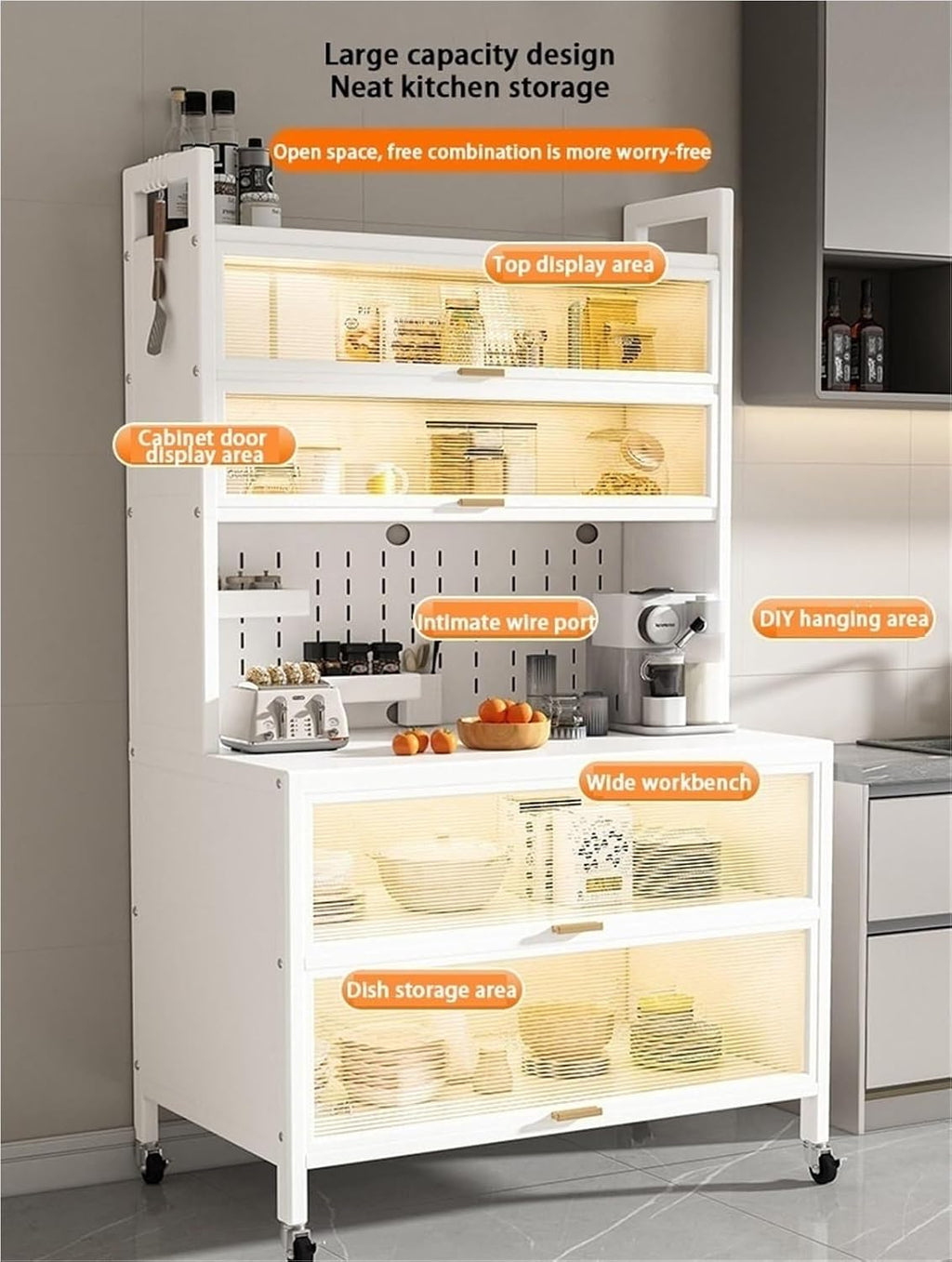 Kitchen Pantry Storage Cabinet Shelf Microwave 6-Tier Stand with Storage with Flip Door and Wheels Metal Sideboard Baker's Rack Coffee Pub for Spices Pots Pans ﻿,Living Room